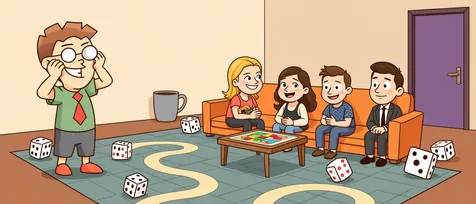 Friends board games banner: four friends on an orange couch around a game board with a big coffee mug.