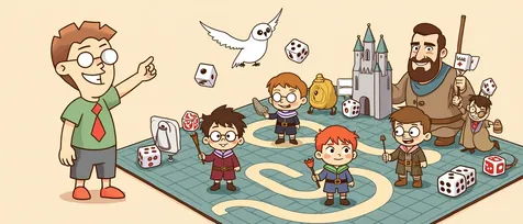 Harry Potter board games banner: young wizards, a bearded giant and a snowy owl among flying dice.