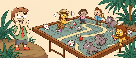 Jumanji board game banner: jungle animals and an explorer burst out of a wooden game board.