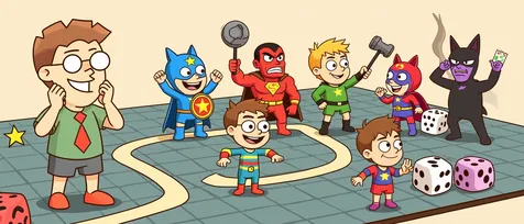 Marvel board games banner: caped chibi superheroes face a purple villain on an oversized game board.