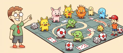 Pokemon board games banner: cute pocket monsters, capture balls and a young trainer on a giant game board.