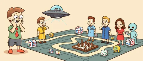 Star Trek board games banner: a starship crew, a flying saucer and a three-dimensional chess set.